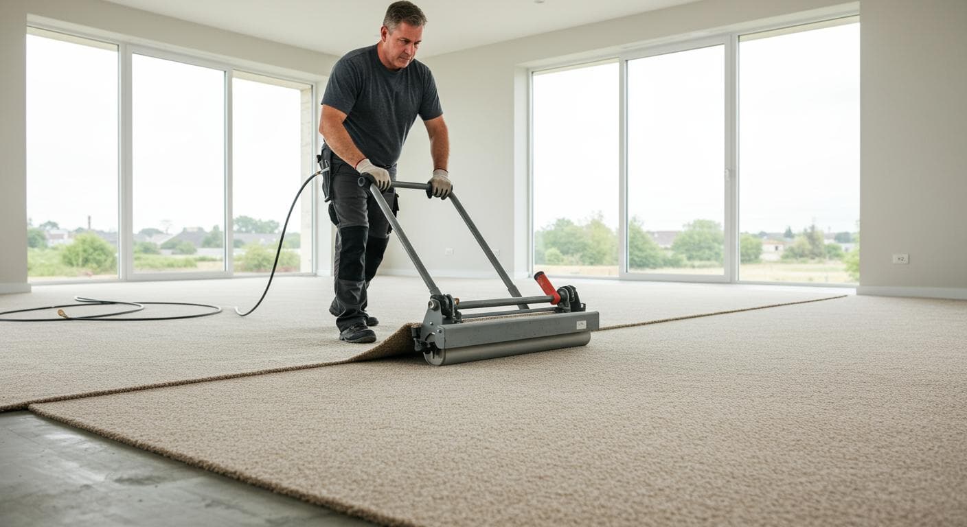 Carpet installer using power stretcher across large room