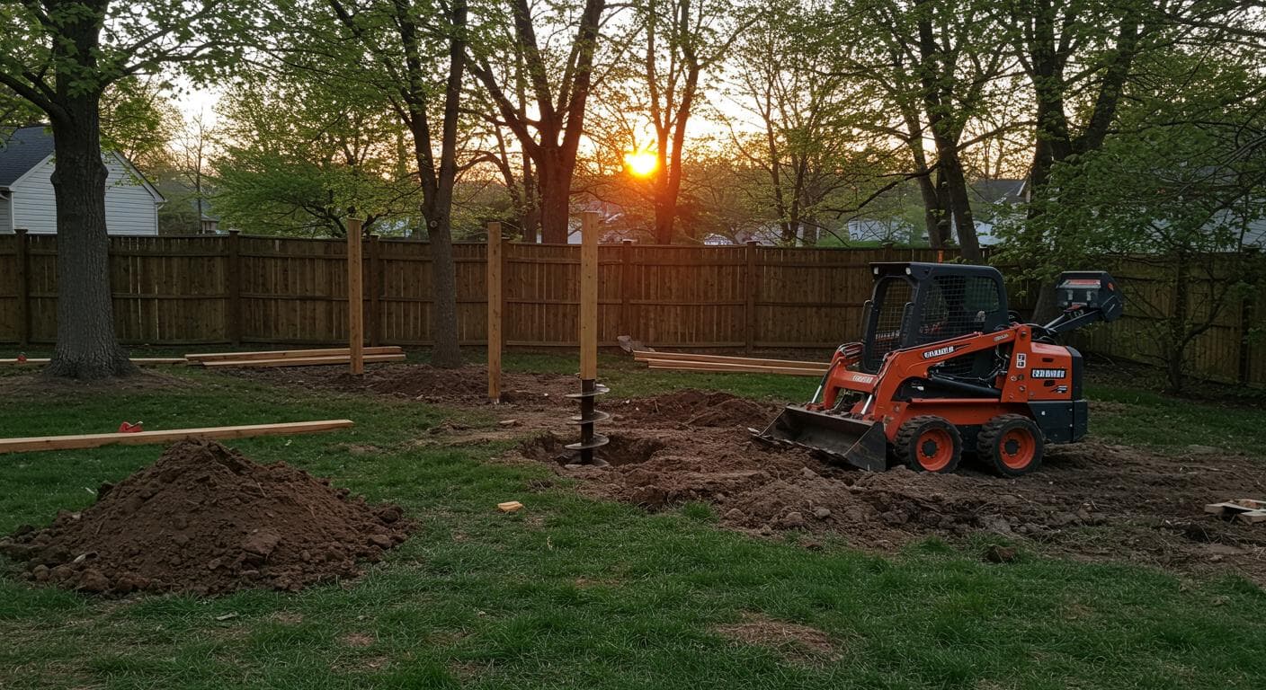 Wood privacy fence installation in Ohio backyard with post-hole digger
