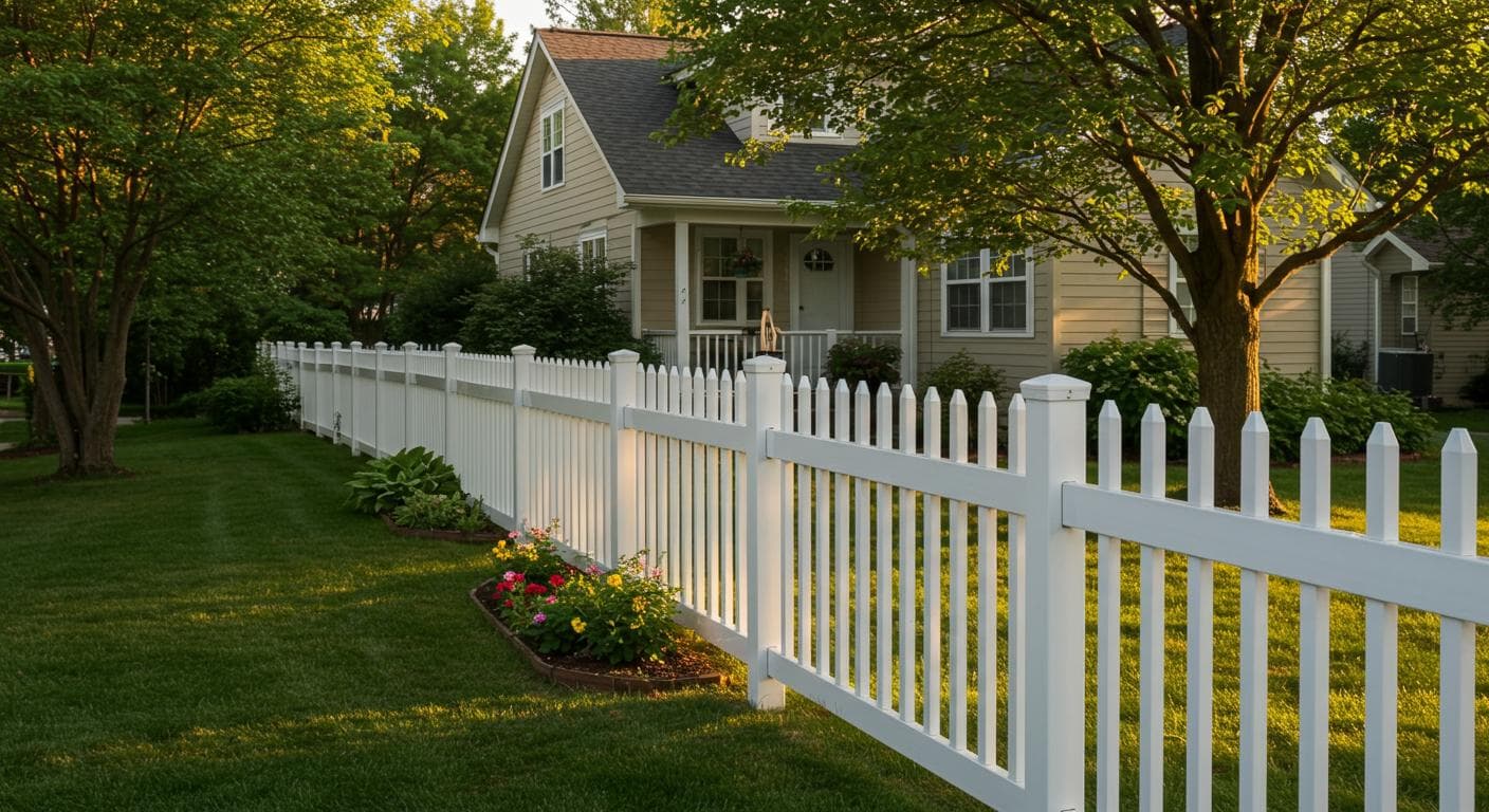 Vinyl white picket fence around suburban Columbus home