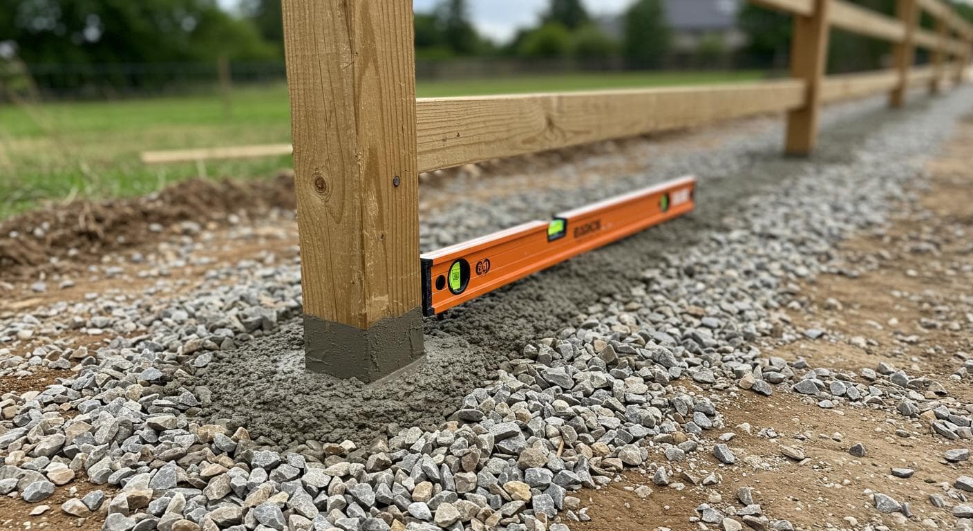 Fence post being set in concrete with level and gravel base