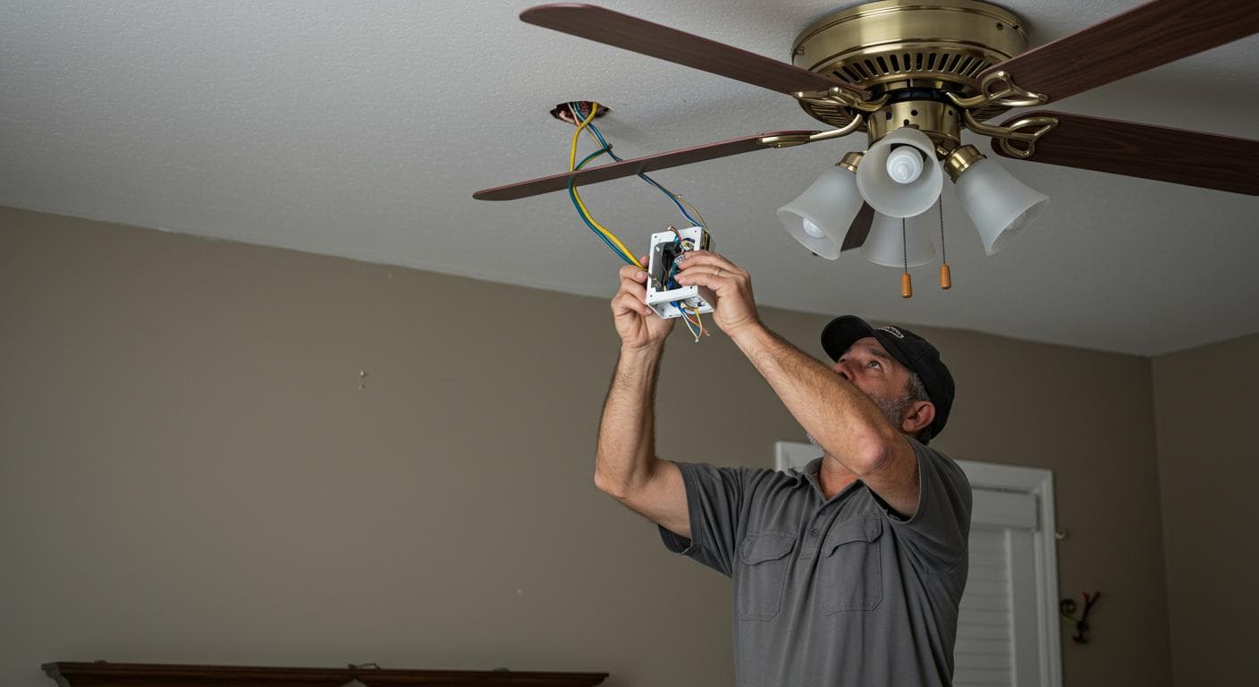 Handyman installing new ceiling fan in bedroom with wiring