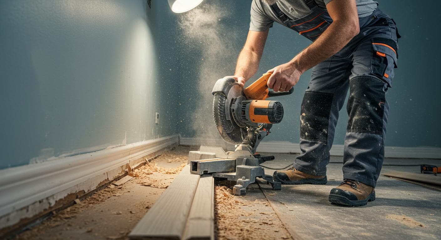 Handyman replacing damaged baseboard with miter saw