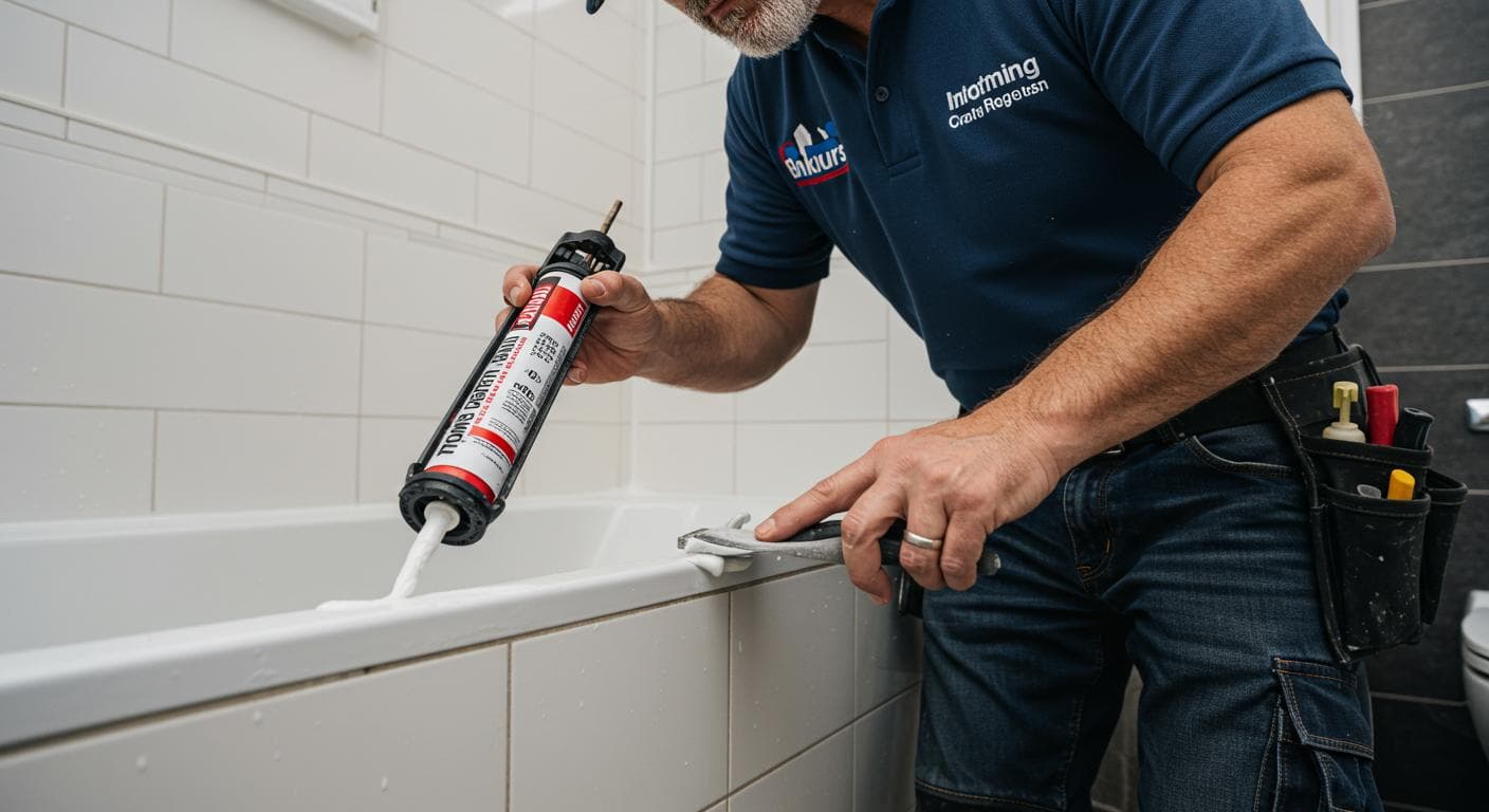 Handyman caulking bathroom tub and tile to prevent water damage