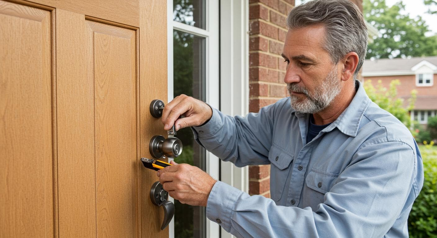 Handyman installing new door knob and deadbolt on front door