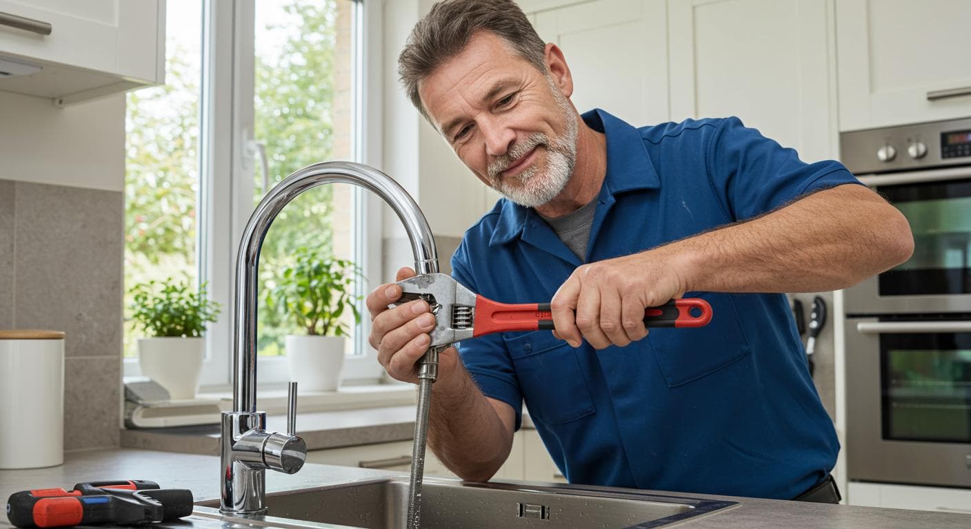Handyman fixing leaky kitchen faucet with adjustable wrench