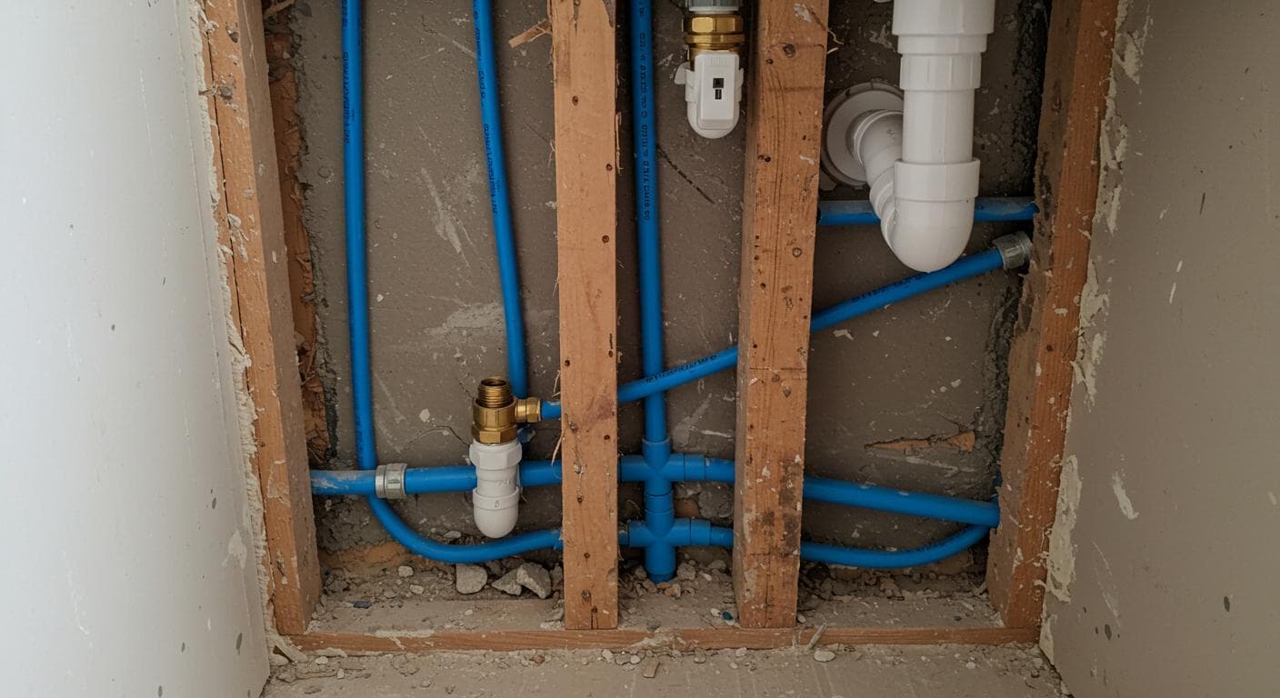 Bathroom sink rough-in plumbing, PEX pipes through drywall