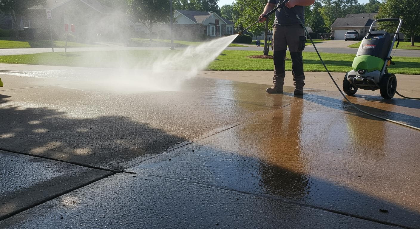 Pressure washer cleaning concrete driveway revealing clean stripe