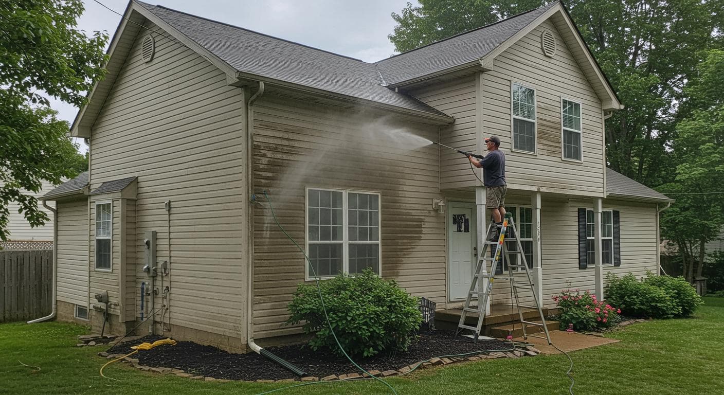 Vinyl siding being pressure washed on two-story Ohio home
