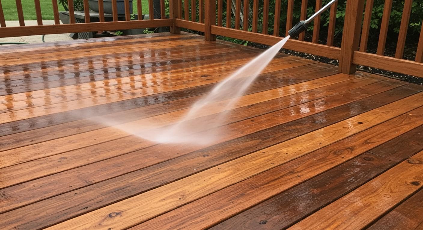 Wood deck pressure washing, restoring stained cedar boards
