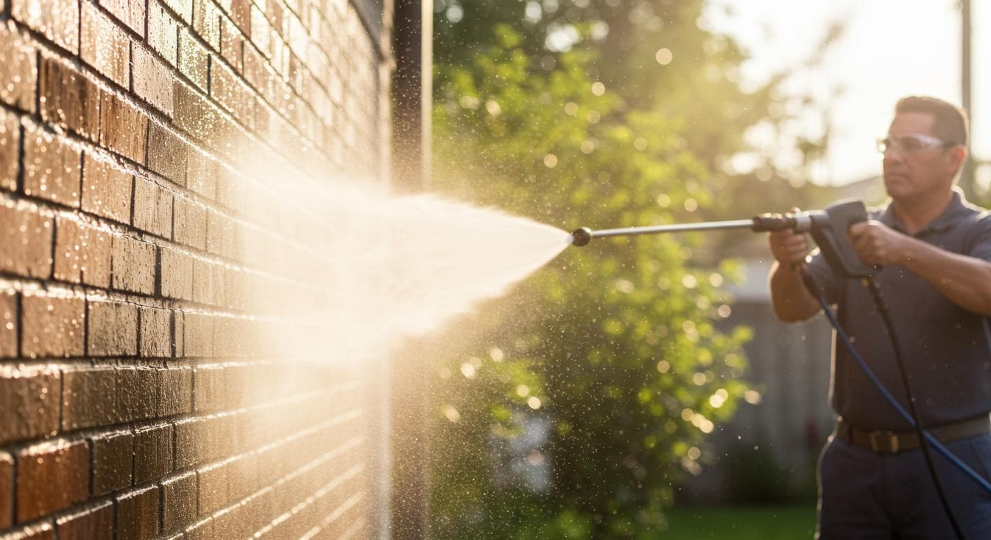 Pressure washer cleaning brick exterior wall