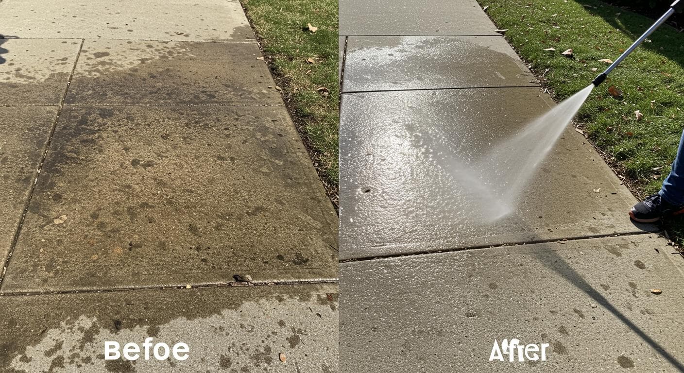 Sidewalk pressure washing before-and-after split shot