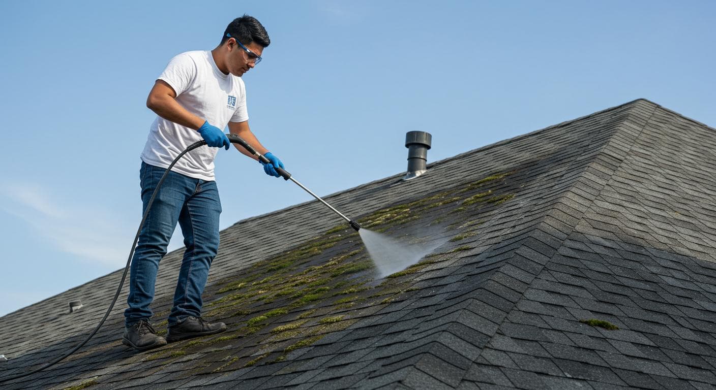 Roof soft washing, contractor cleaning algae from asphalt shingles