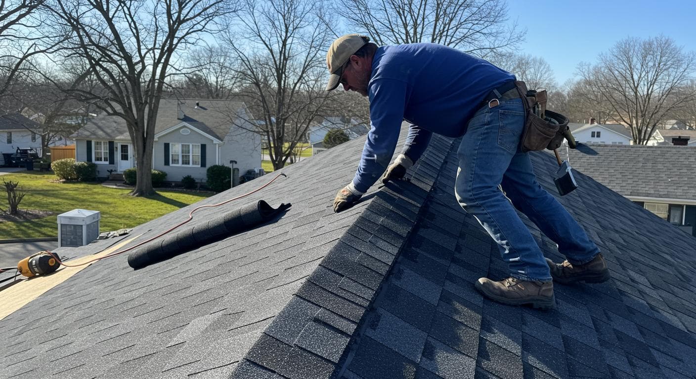 Roofer installing asphalt shingles on a steep Ohio residential roof